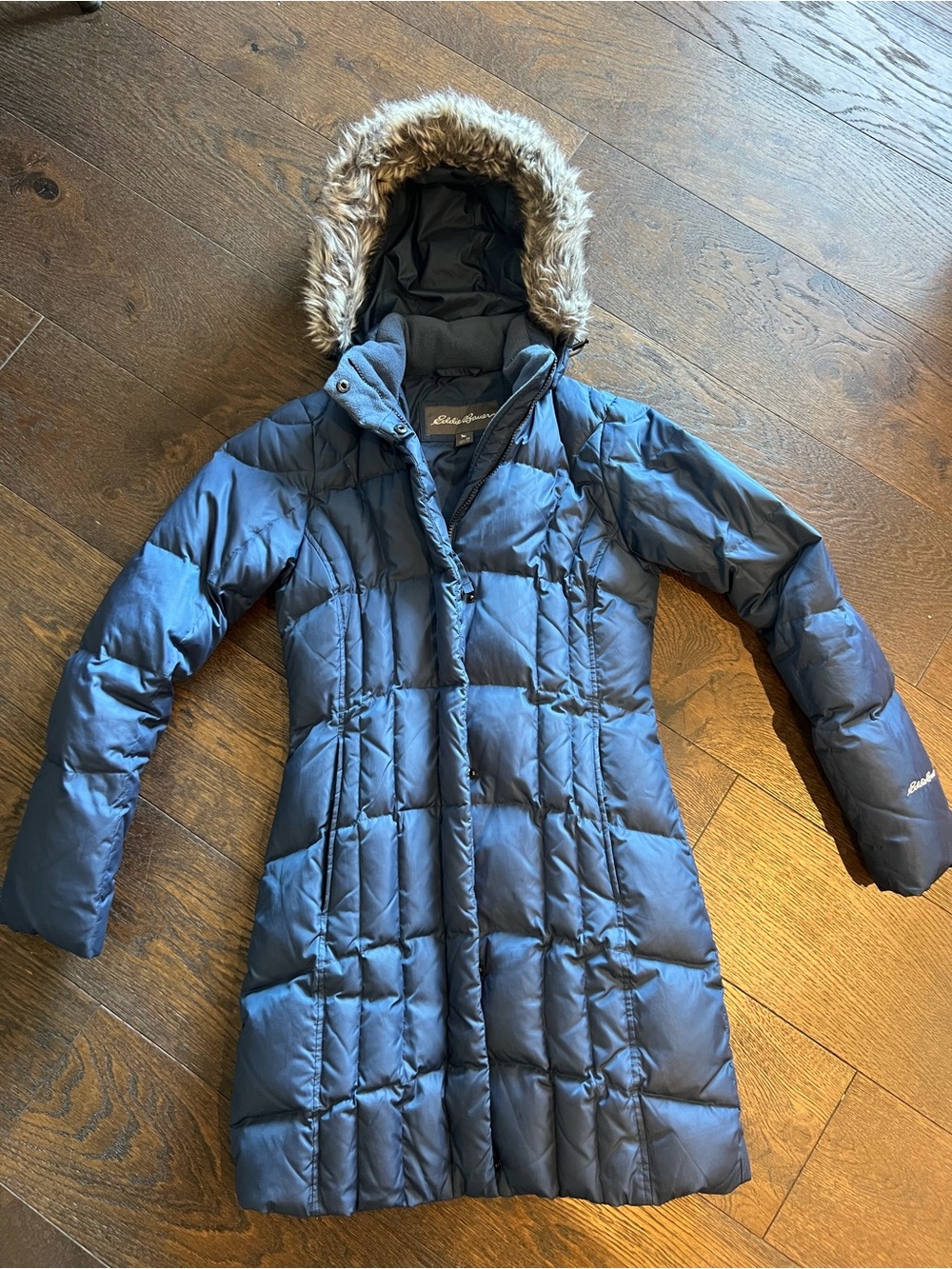 Eddie Bauer Women's Dark Navy Quilted Long Puffer Coat with Faux Fur Hood